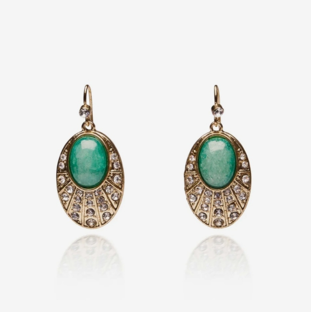 New Green Agate Oval Stone Drop Earrings, NWOT